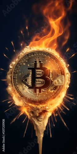 Obraz na płótnie Fiery Bitcoin Explosion: Digital Currency Concept with Gold Coin Amidst Flames and Sparks w salonie