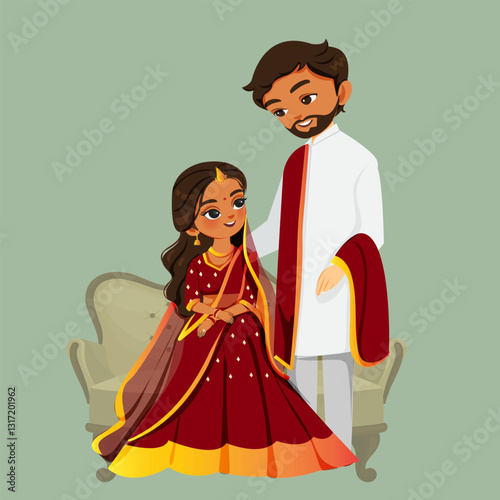 Indian Bride and Groom in Traditional Attire – Saree and Kurta | Wedding Invitation Illustration