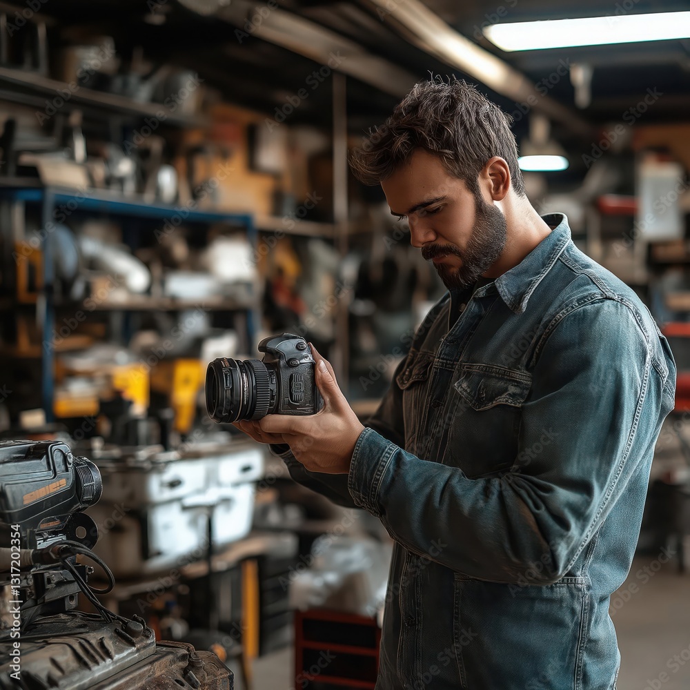 Focused Male Photographer in Casual Workshop: Hands-on with Camera Equipment Focused Male Photographer in Casual Workshop: Hands-on with Camera Equipment