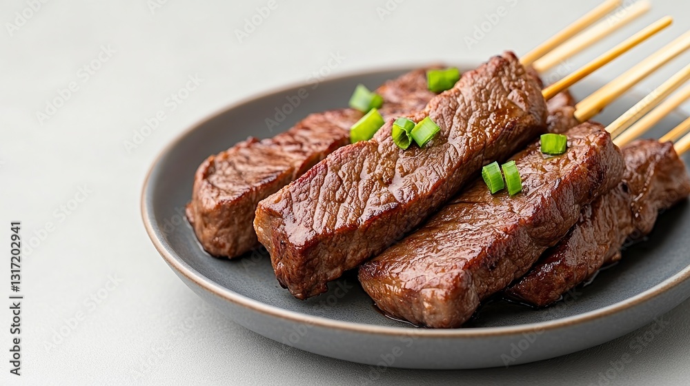 Close up of grilled beef skewers on a dark gray plate, garnished with green onions. The skewers are arranged neatly, showcasing the rich, brown color Close up of grilled beef skewers on a dark gray plate, garnished with green onions. The skewers are arranged neatly, showcasing the rich, brown color