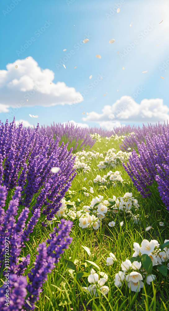 Fototapeta premium Vibrant Spring Meadow with Lavender and White Blossoms Under a Blue Sky 4K Wallpaper
