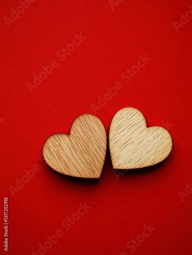 Two Wooden Hearts on Red Background for Valentine's Day Concept