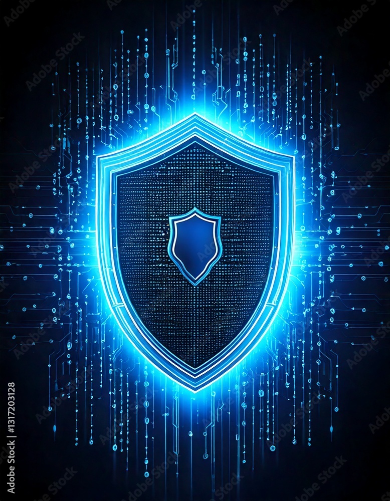 Fototapeta premium Cybersecurity concept: a glowing AI shield protecting digital data, with binary code in the background, dark tones, and space for text on the sides