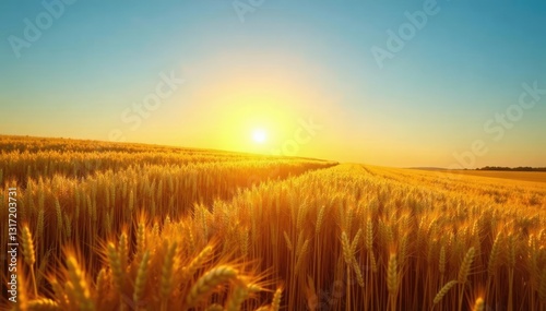 Rolling golden wheat field under clear blue sky, wheat, sunset, harvest
