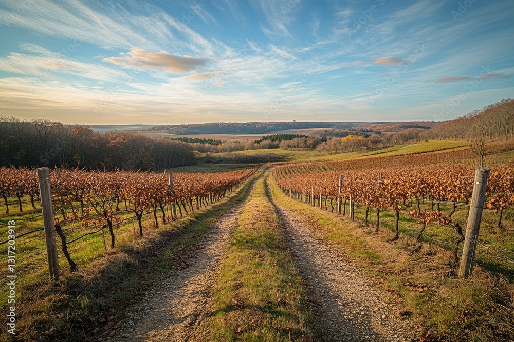 Fototapeta premium Autumn vineyard landscape with rows of grapevines and a dirt road leading to distant hills under a sunny sky.