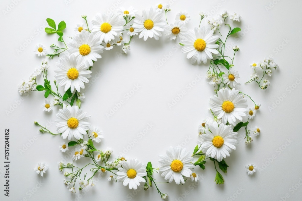 Obraz premium Fresh spring daisies form a lovely wreath with delicate flowers and greenery, enhancing the bright, white background