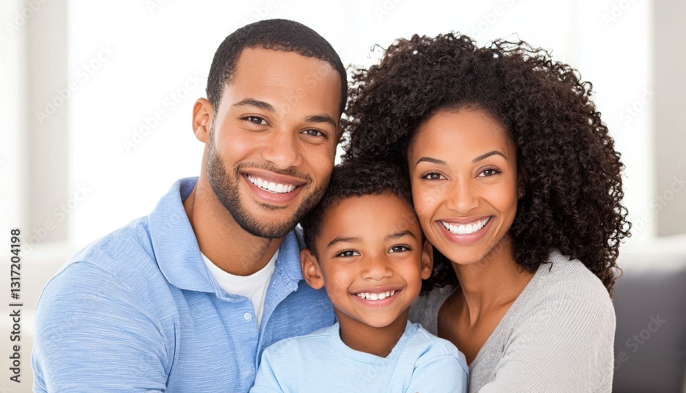A joyful family portrait featuring a smiling father, mother, and son, showcasing love and happiness in a bright indoor setting. A joyful family portrait featuring a smiling father, mother, and son, showcasing love and happiness in a bright indoor setting.