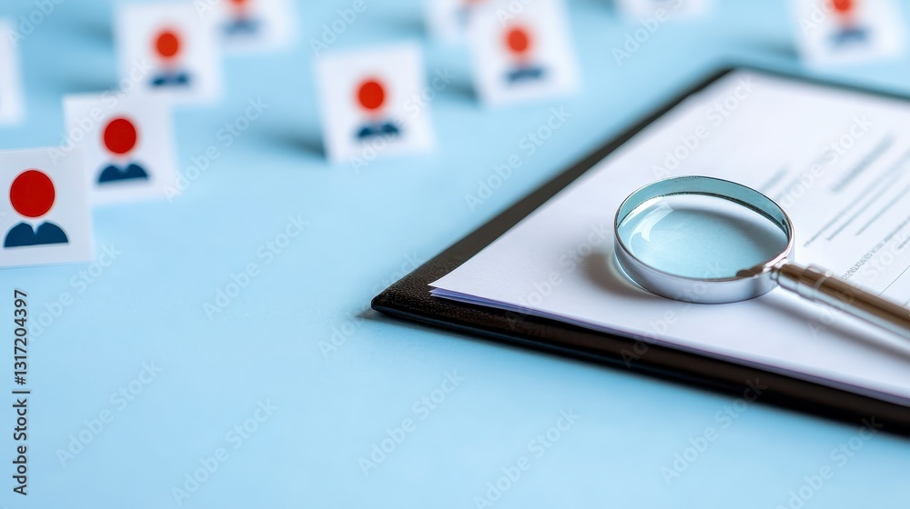 Close up view of a magnifying glass on a document with small red profile icons scattered in the background, suggesting a search or review process Close up view of a magnifying glass on a document with small red profile icons scattered in the background, suggesting a search or review process