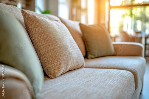 Cozy Modern Sofa with Decorative Pillows in Sunlit Living Room