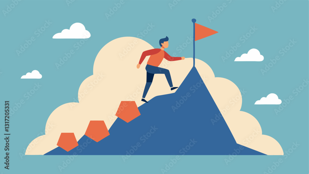 Fototapeta premium Scaling Mountains A person climbing a mountain with flags representing different achievements leaving behind boulders labeled Limitations.
