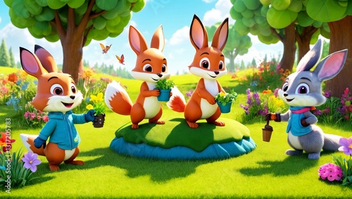 A group of cartoon animals standing on top of a lush green field.