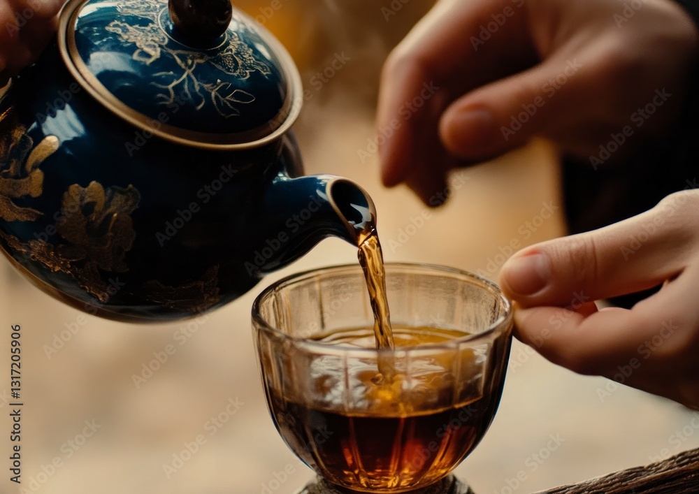 Pouring Hot Tea From a Beautiful Blue Teapot Into a Glass Cup Pouring Hot Tea From a Beautiful Blue Teapot Into a Glass Cup