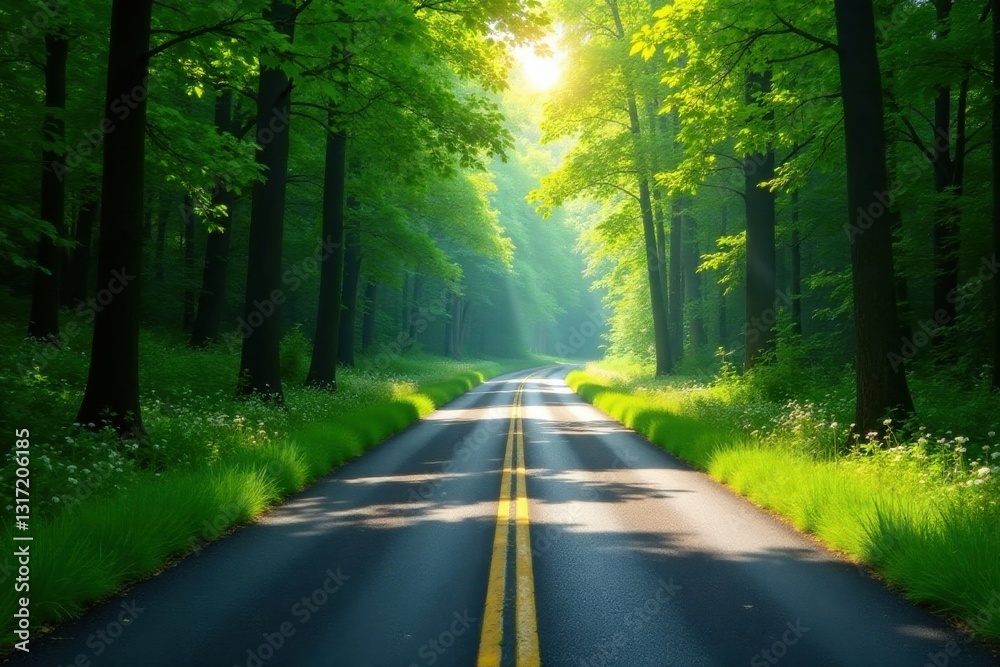 Fototapeta premium Sunlit Road Through Verdant Forest Canopy, Serene Nature Scene with Lush Greenery and Winding Asphalt Path