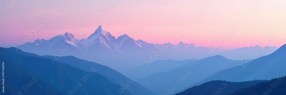 Fototapeta premium Soft pink hues blend with blue tones over mountain peaks landscape gradient background, nature, scenery, mountains