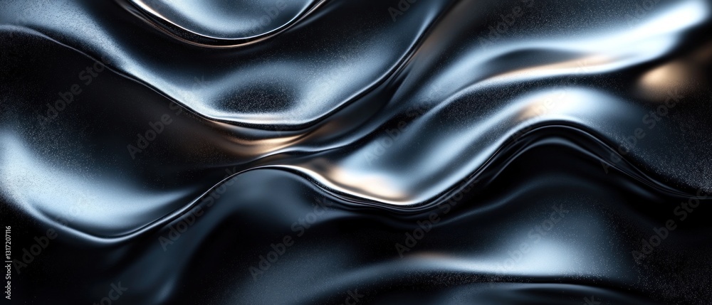 Fototapeta premium Sleek black wallpaper boasts a minimalistic design, showcasing shiny textures and flowing waves that enhance modern aesthetics