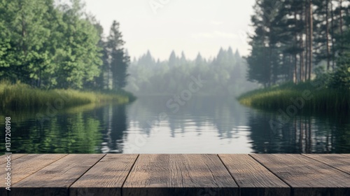 Fototapeta Naklejka Na Ścianę i Meble -  Tranquil lake scene with wooden platform