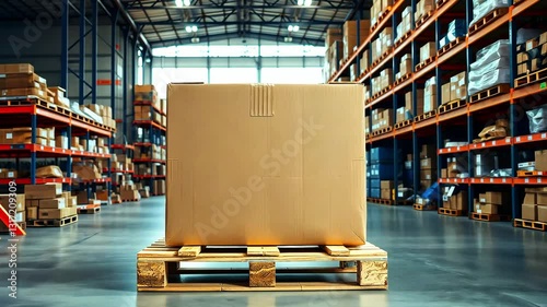 Cardboard box on wooden pallet in modern warehouse, industry and parcel delivery concept