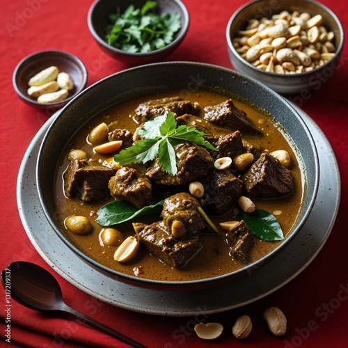 Massaman Curry Thai mild coconut curry with beef and peanuts Food portrait photography display on red background