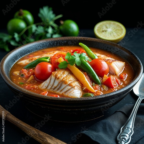 Moqueca Brazilian coconut based fish stew with tomatoes and peppers Food portrait photography display on red background