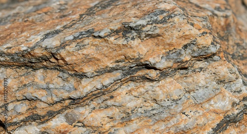 A close-up of textured granite rock with earthy tones, featuring light brown, orange, beige, gray, and white details.