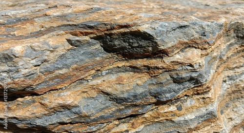 A close-up of textured granite rock with earthy tones, featuring light brown, orange, beige, gray, and white details.