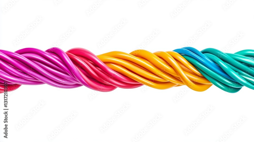 Twisted bundle of colorful electrical wires isolated on white background. Multicolored power cables used for electricity, networking, and industrial connections. Twisted bundle of colorful electrical wires isolated on white background. Multicolored power cables used for electricity, networking, and industrial connections.