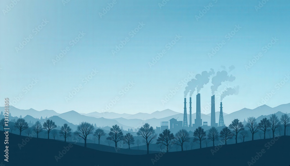 Fototapeta premium Modern Minimalist Vector Concept Industrial Landscape Factories Smokestacks Gradient Blue Sky - Eco-Friendly Sustainability Environmental Awareness Campaigns