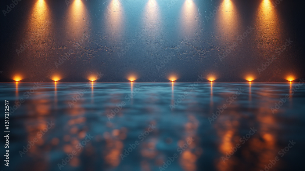 Fototapeta premium Moody Stage Lighting Reflection on Wet Floor – Atmospheric Event Backdrop