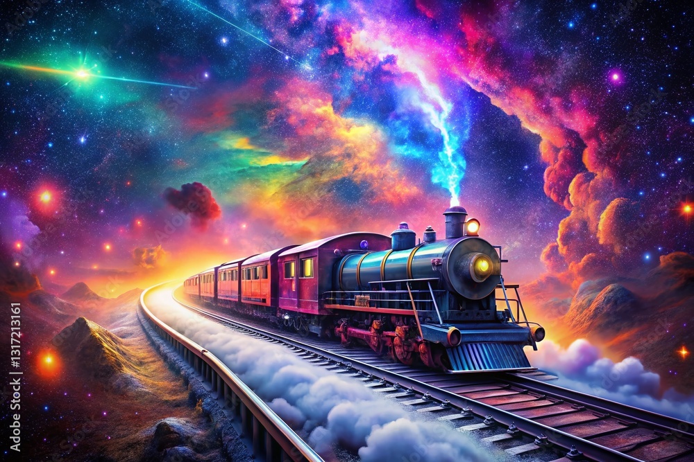 Futuristic Glowing Cosmic Train Soaring Through Space - Aerial View Futuristic Glowing Cosmic Train Soaring Through Space - Aerial View