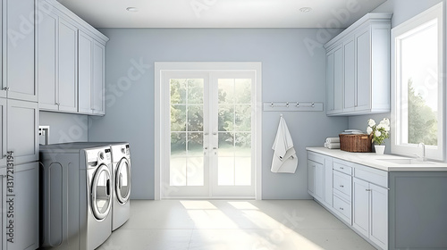Bright And Airy Modern Laundry Room With Blue Cabinets White Countertop And French Doors Leading To Garden