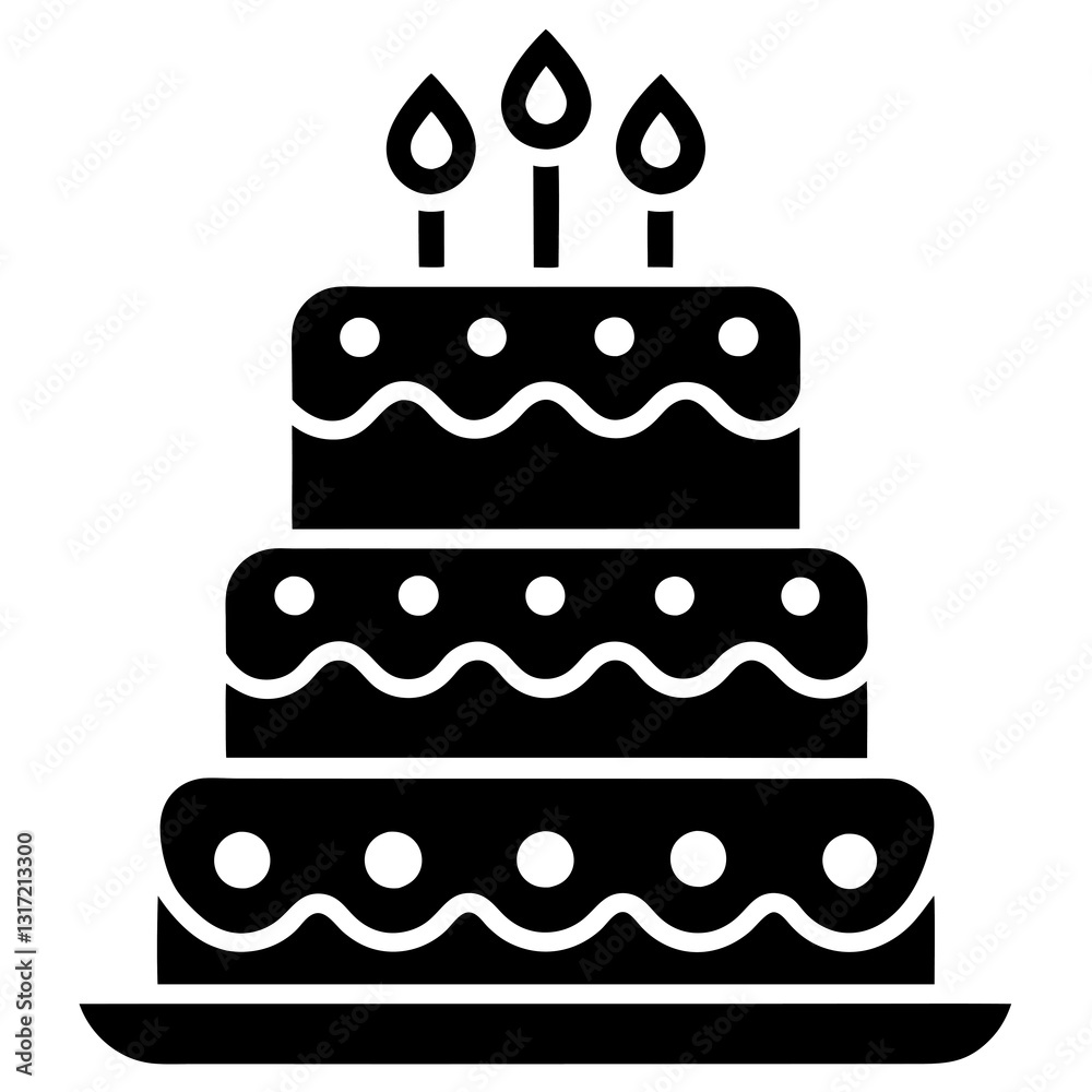 A tiered birthday cake is adorned with three lit candles on top. A tiered birthday cake is adorned with three lit candles on top.