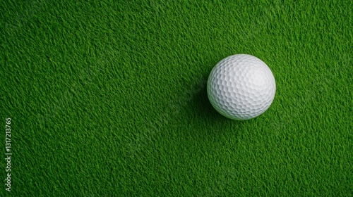 High angle close up view of a single white golf ball resting on a vibrant green artificial turf
