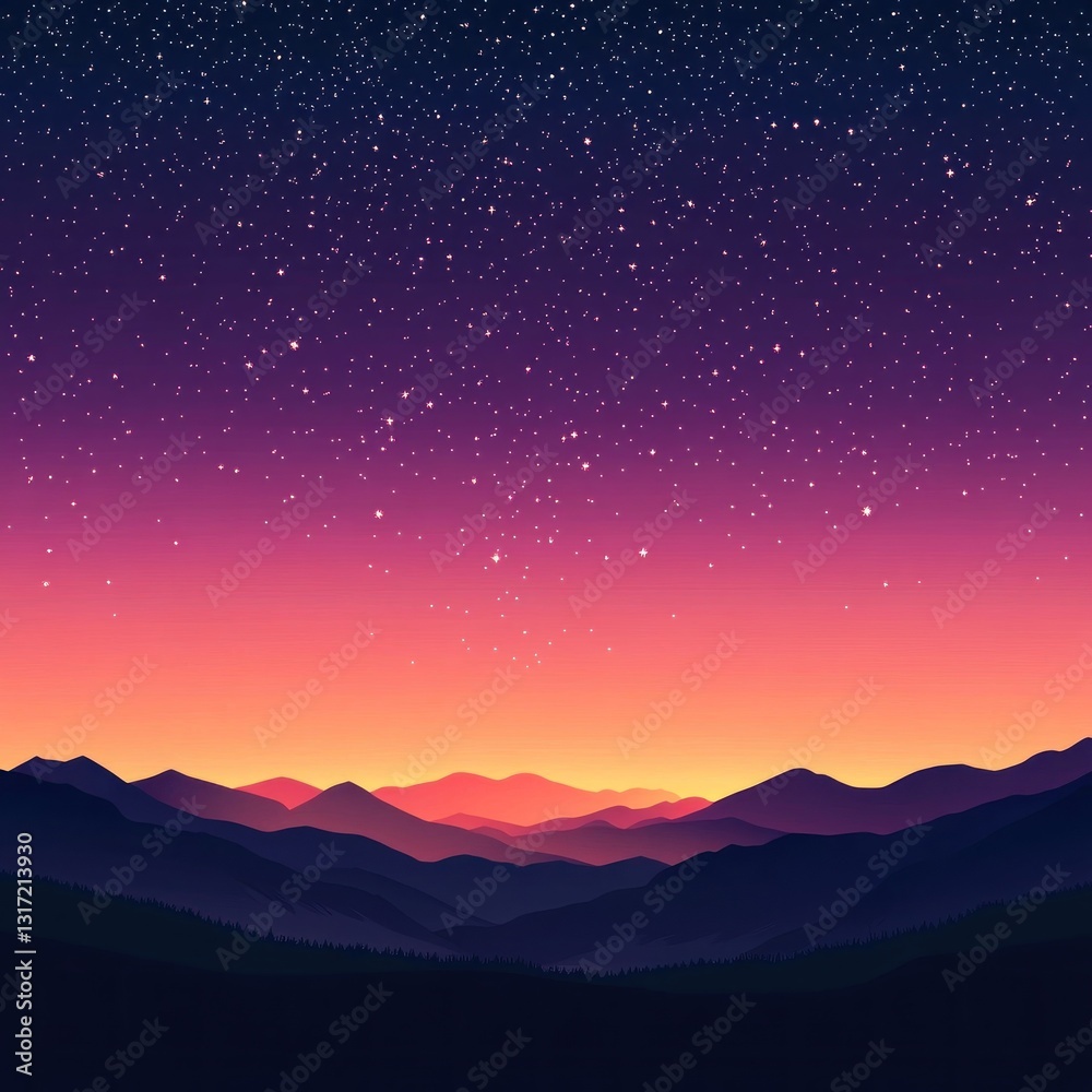 Starry night over a mountain range at sunset
