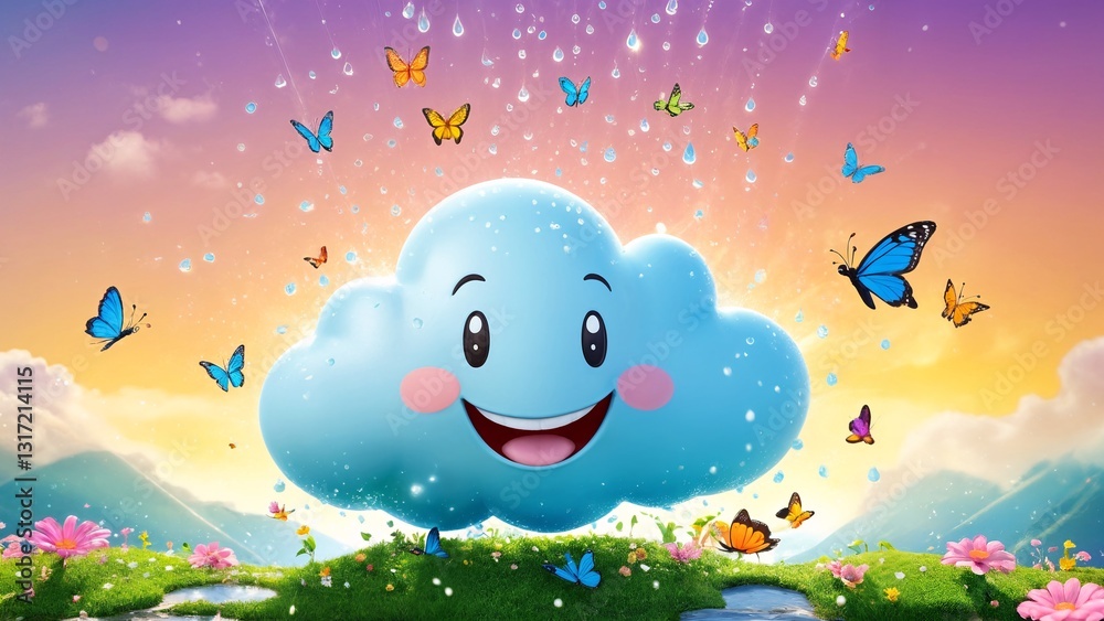 Naklejka premium A blue cloud with a smiley face surrounded by butterflies and flowers.