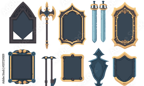 Medieval Frame Set: Viking Metal Ornaments and Game UI Borders for Epic Decor
