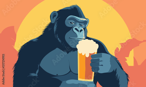 Minimalist Cartoon Gorilla Enjoying Cold Beer in Flat Design Vector Art