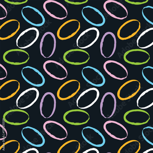 Colorful hand drown oval shaped seamless pattern on dark background.