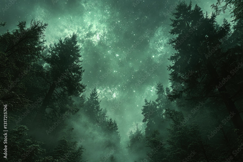 Obraz premium Enchanted forest at night, ethereal green glow under a starry sky.