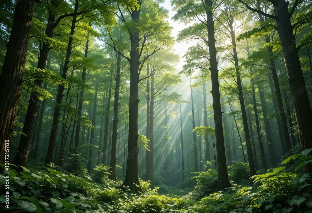 Naklejka premium Lush Green Forest Tall Trees Sunlight Beams - Eco-Friendly Nature Concept Serenity Outdoor Marketing Campaigns