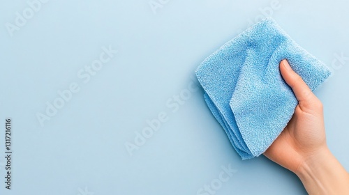 A hand holds a small, light blue cleaning cloth against a pale blue background. Simple, clean image