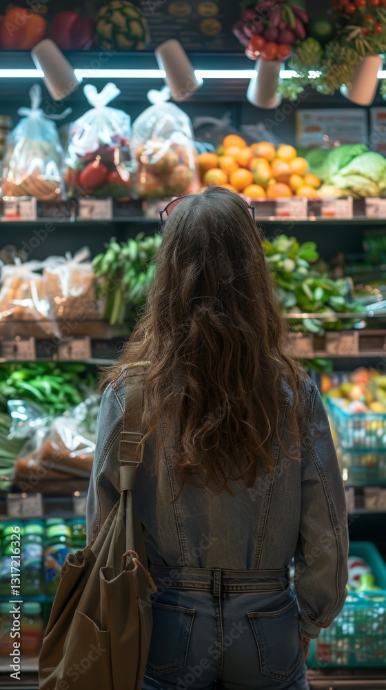 Obraz premium Woman shops for produce at a grocery store during the day, browsing shelves of fruits and vegetables