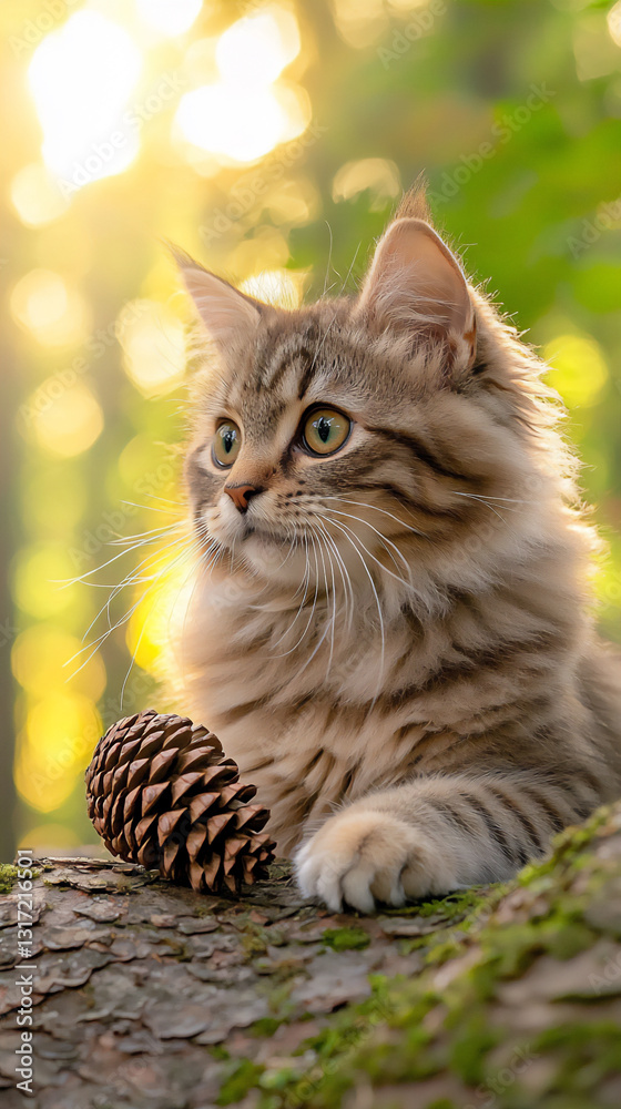 Fototapeta premium maine coon cat playing pine cone forest