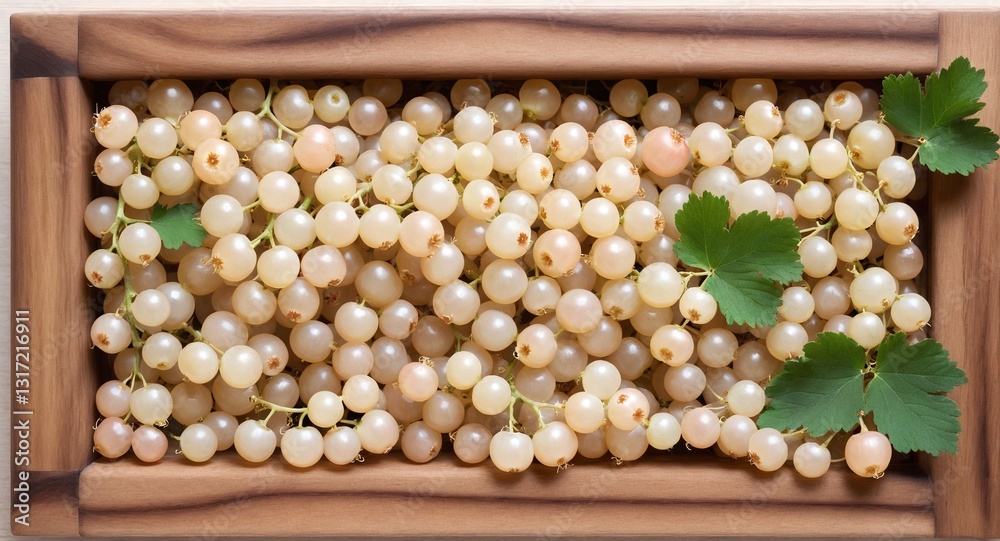 Fresh white currant in box on wooden table background. Top view