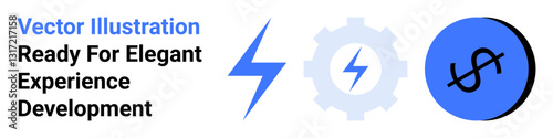 Lightning bolt, gearwheel, and dollar icon aligned to signify progress, innovation, finance, and technology. Ideal for fintech, startups, business strategies automation efficiency marketing flat