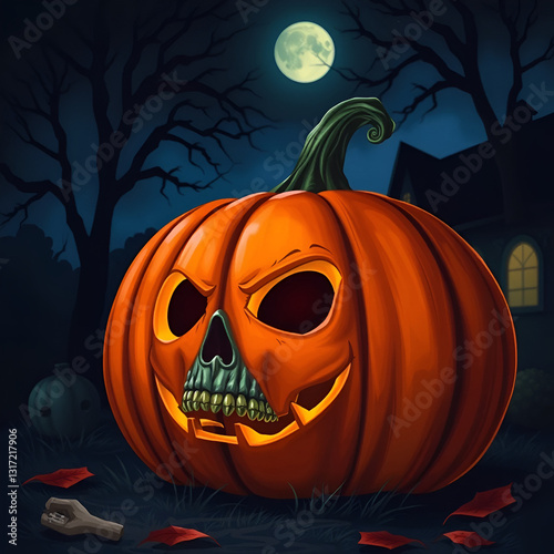 Spooky pumpkin with skull in night scene