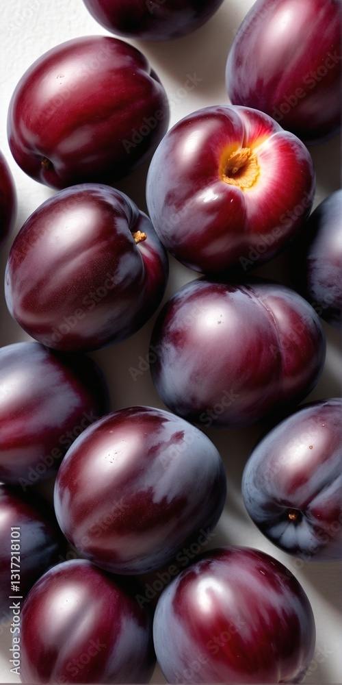 Fresh purple plum fruits on light background.
