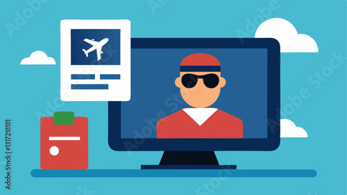 Surveillance Footage An illustration depicting a computer screen with grainy footage of a character using a fake passport to board a flight highlighting the tension of being