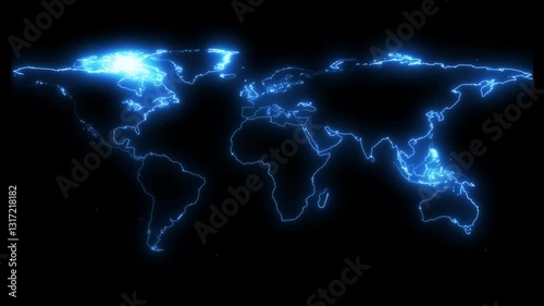 Digital Technology World Map Animation. Glowing Connections in Global Blue World Map Loop with Visual Effects. Neon globe world map. Abstract world map outline Glowing Neon lights animated background.