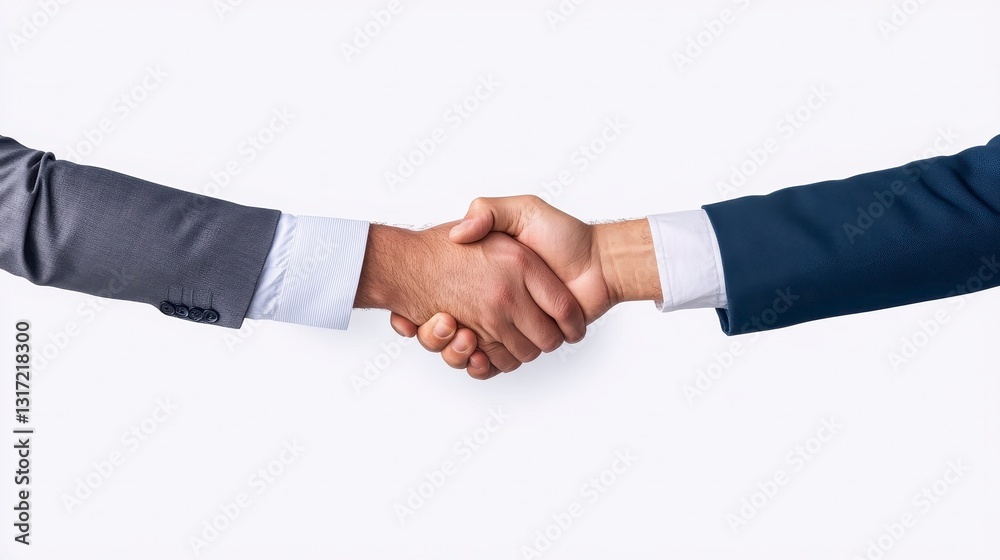 Close up of two hands shaking against a white background. The men are wearing business suits, one gray, one navy. The handshake symbolizes agreement