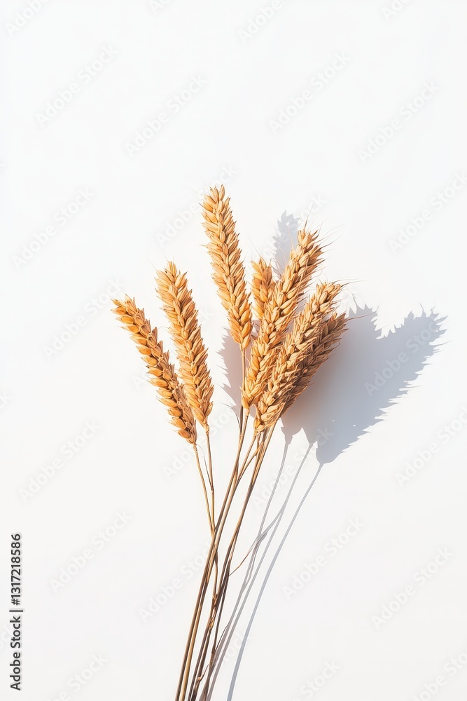 Fototapeta premium Neatly Arranged Wheat Heads on White Background for Agricultural and Food Themes